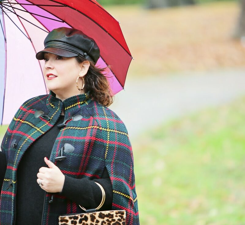 Talbots plaid cape and leopard calf hair ring purse