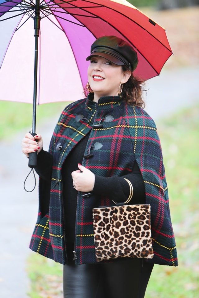 talbots plaid cape with leopard calf hair ring purse