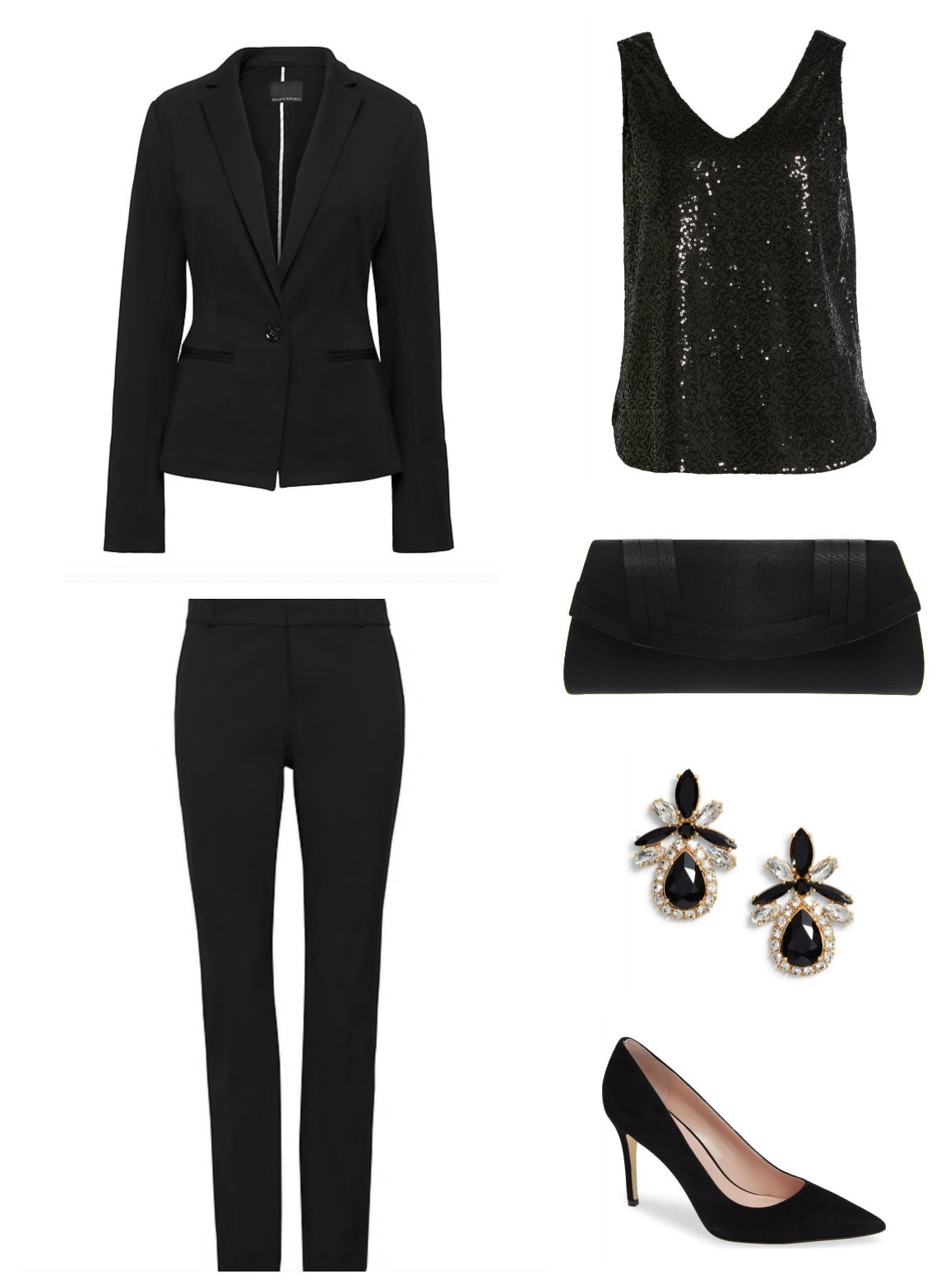 Delicate earrings and a subtle clutch make this cocktail pantsuit look more reserved for a work function.