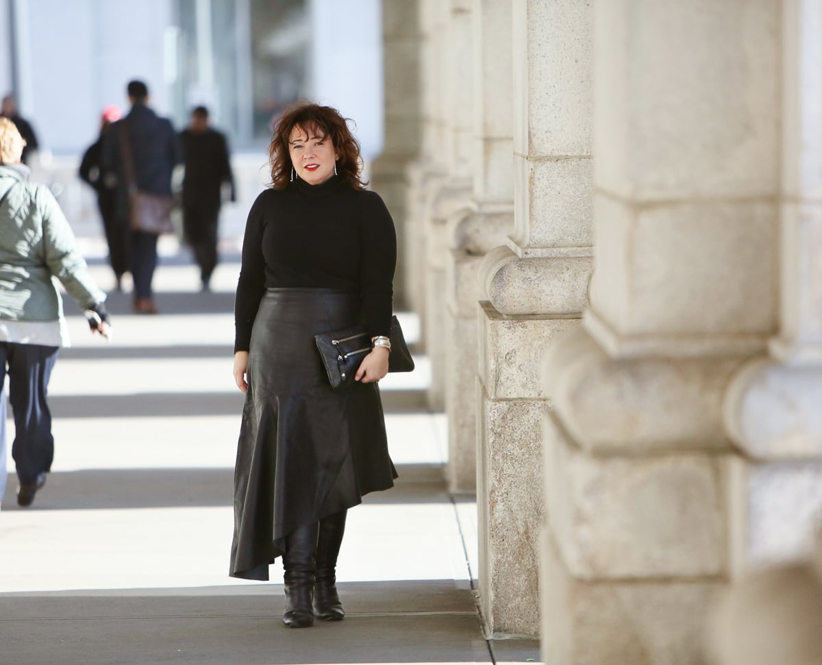 black leather skirt with turtleneck