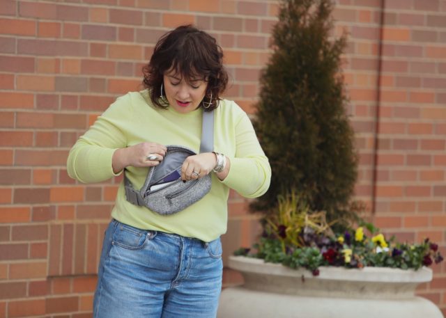 Wardrobe Oxygen with the heather gray Ace Fanny Pack from Dagne Dover with a Citron cashmere crew from Everlane