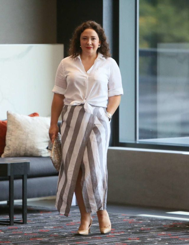 Madewell linen stripe skirt on Wardrobe Oxygen, styled with a white linen shirt from Chico's and nude pumps