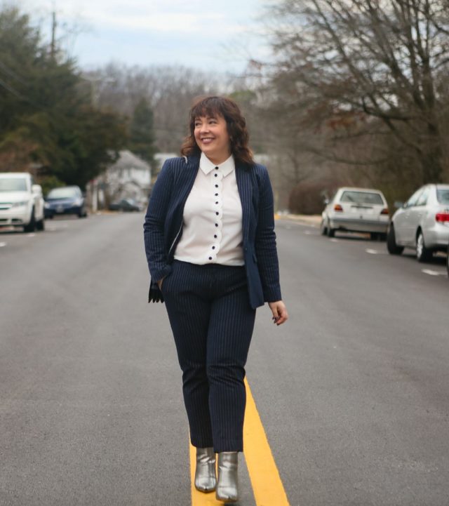 petite navy pinstripe pant suit 3