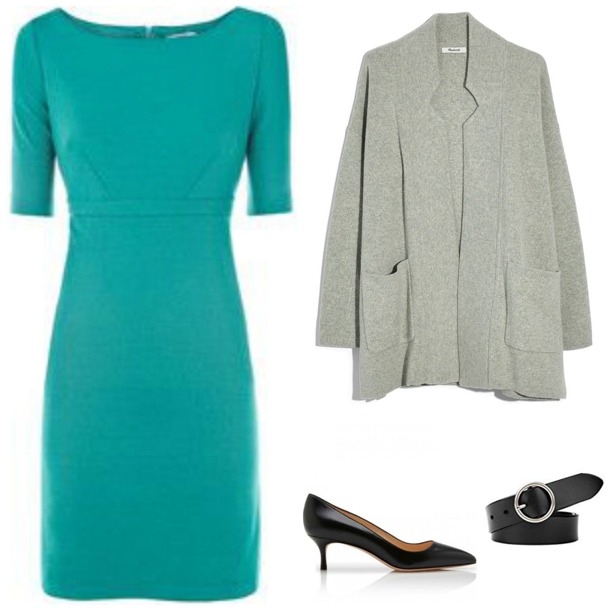 By belting the sweater coat over the dress, you create a completely different look.