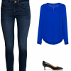 A silky blouse and pumps glam up jeans for Casual Friday