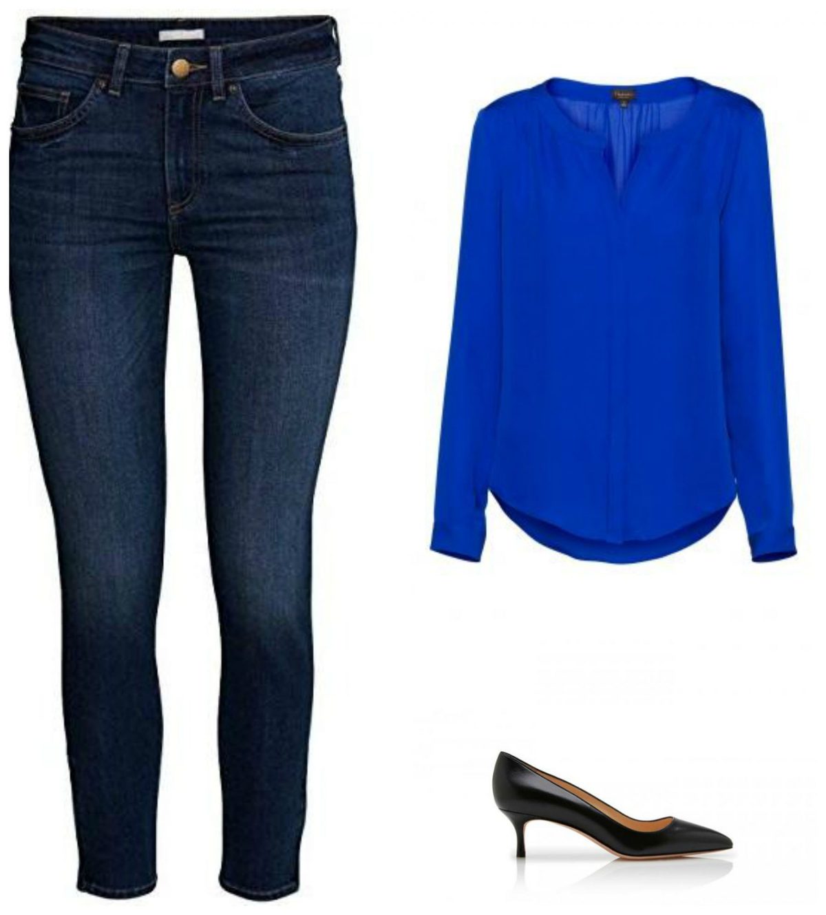 A silky blouse and pumps glam up jeans for Casual Friday