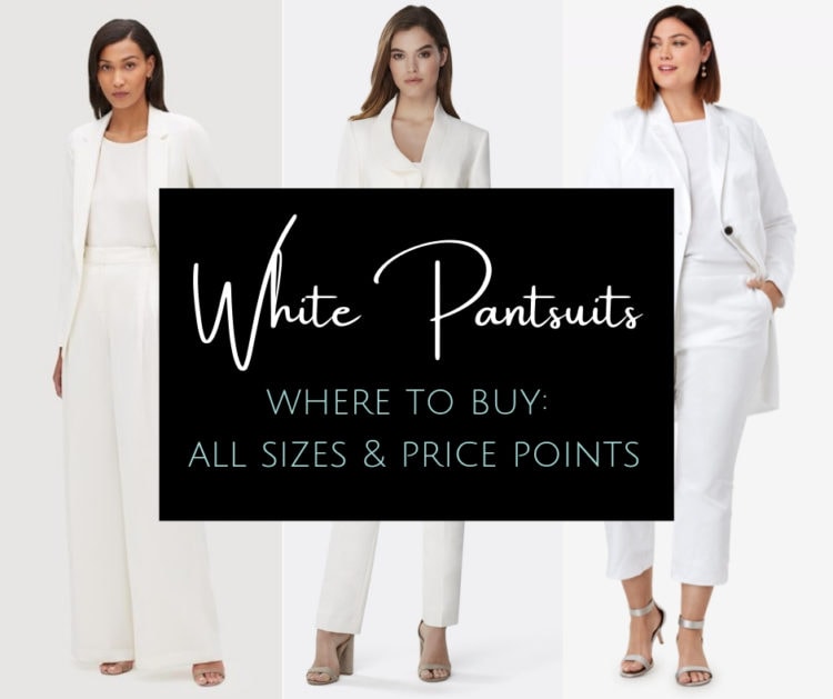 Where to find white pantsuits for women - a variety of styles, sizes, and price points by Wardrobe Oxygen