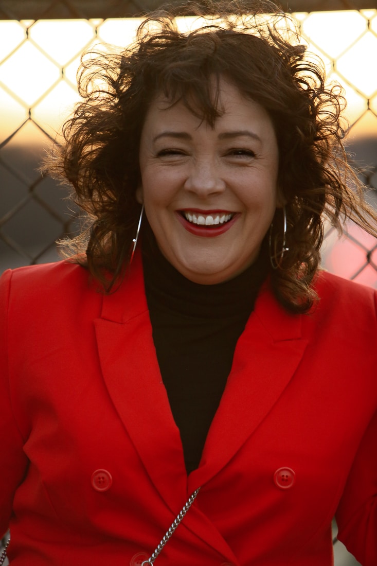 Red double breasted twill pantsuit from 1901 with Universal Standard Foundation turtleneck and black patent ankle booties