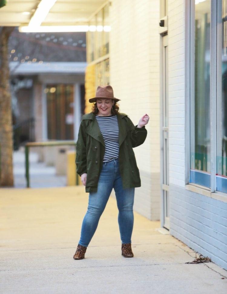 Wardrobe Oxygen in the cabi Expedition Jacket with leopard ankle boots and a leather Stetson safari hat #cabiclothing #expeditionjacket #over40fashion