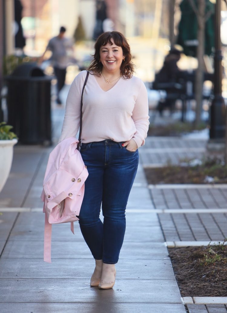 Wardrobe Oxygen in a pink trench coat from Talbots with Mott & Bow cashmere sweater, AG The Prima jeans and nude pumps #moderclassicstyle