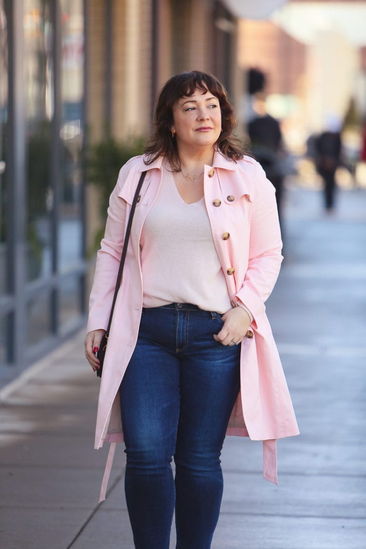 Wardrobe Oxygen in a pink trench coat from Talbots with Mott & Bow cashmere sweater, AG The Prima jeans and nude pumps #moderclassicstyle