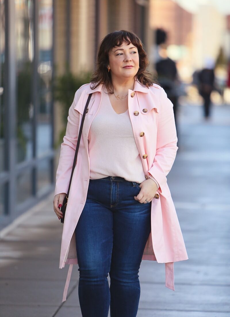 Wardrobe Oxygen in a pink trench coat from Talbots with Mott & Bow cashmere sweater, AG The Prima jeans and nude pumps #moderclassicstyle