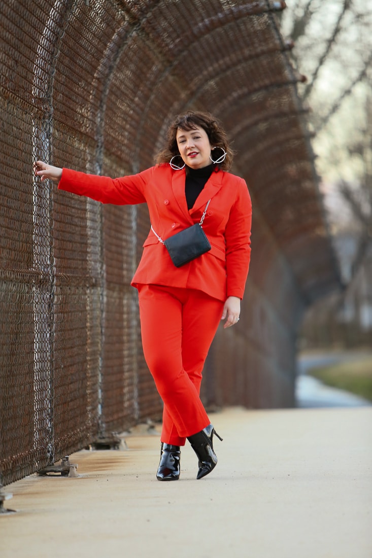 Red double breasted twill pantsuit from 1901 with Universal Standard Foundation turtleneck and black patent ankle booties