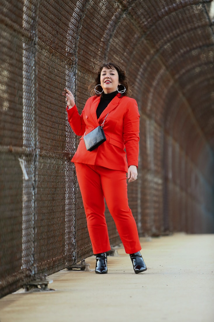 Red double breasted twill pantsuit from 1901 with Universal Standard Foundation turtleneck and black patent ankle booties