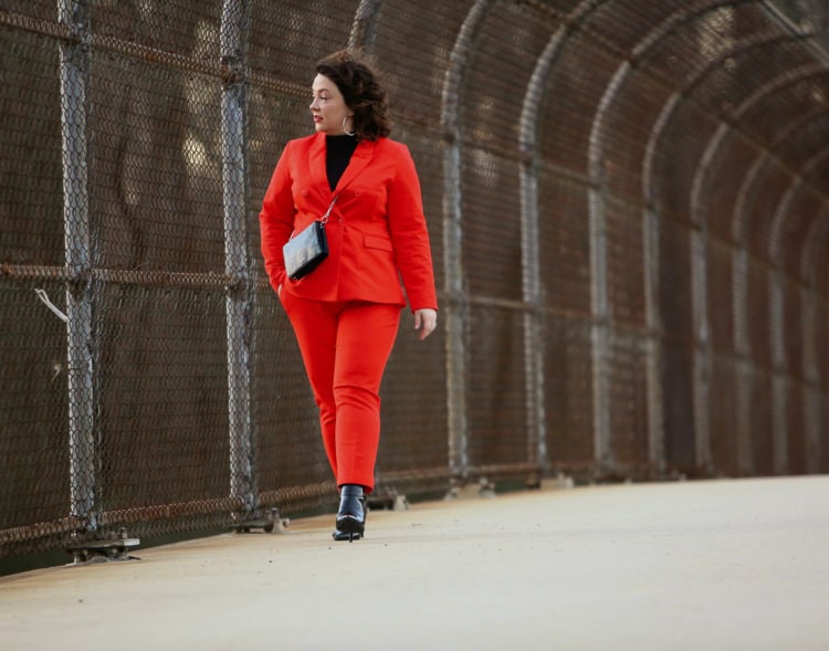 Red double breasted twill pantsuit from 1901 with Universal Standard Foundation turtleneck and black patent ankle booties