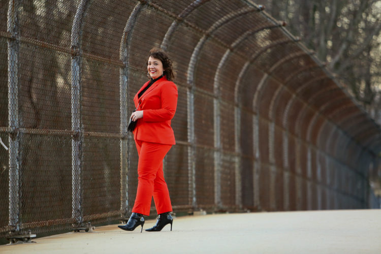 Red double breasted twill pantsuit from 1901 with Universal Standard Foundation turtleneck and black patent ankle booties