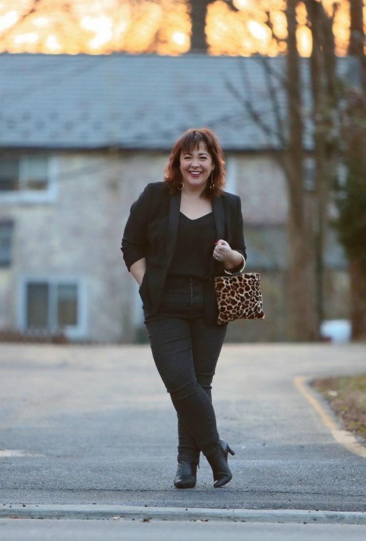 Wardrobe Oxygen in a Talbots Le Smoking jacket, Everlane high waisted jeans, and a Thacker NYC leopard calf hair ring handle purse #40plusstyle