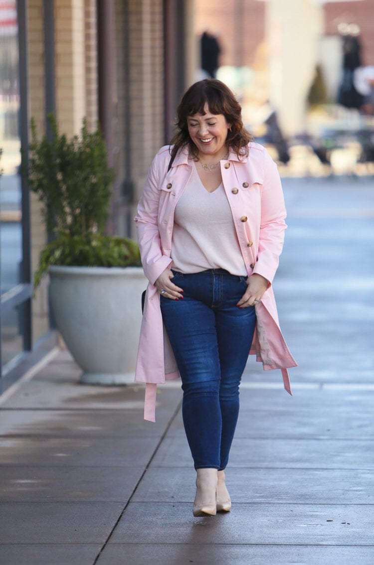 Wardrobe Oxygen in a pink trench coat from Talbots with Mott & Bow cashmere sweater, AG The Prima jeans and nude pumps #moderclassicstyle