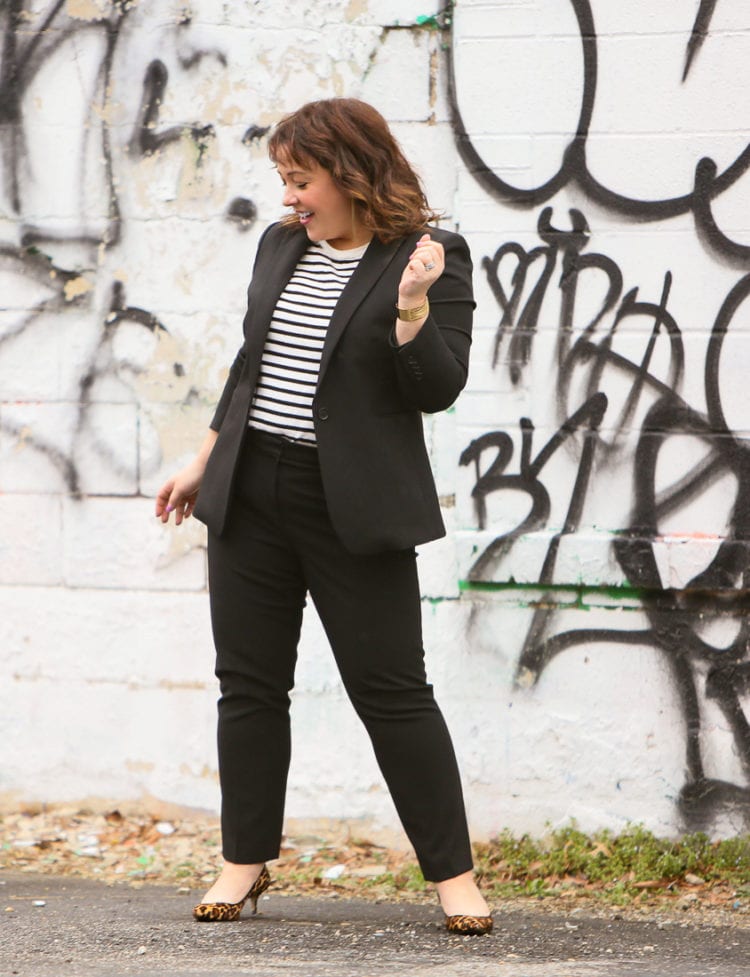 A review of the Ann Taylor Bi-Stretch Suiting and how it fits on a petite size 14 frame by Wardrobe Oxygen
