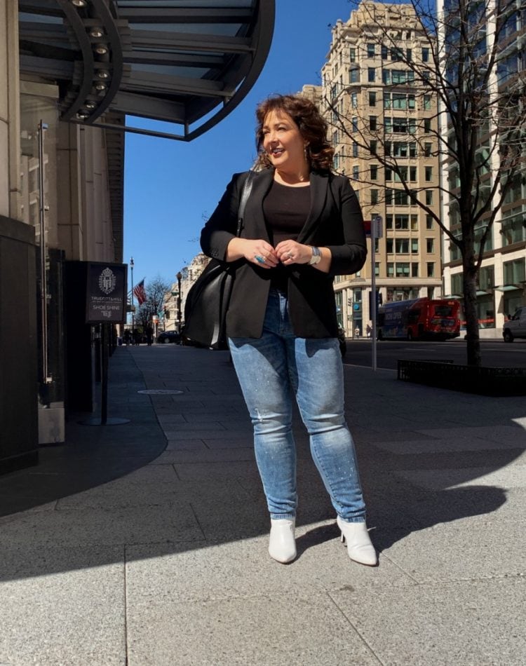 Black Ann Taylor Bi-Stretch one button blazer with Universal Standard Loire ribbed tank and Cabi Cinch Skinny jeans as seen on Wardrobe Oxygen