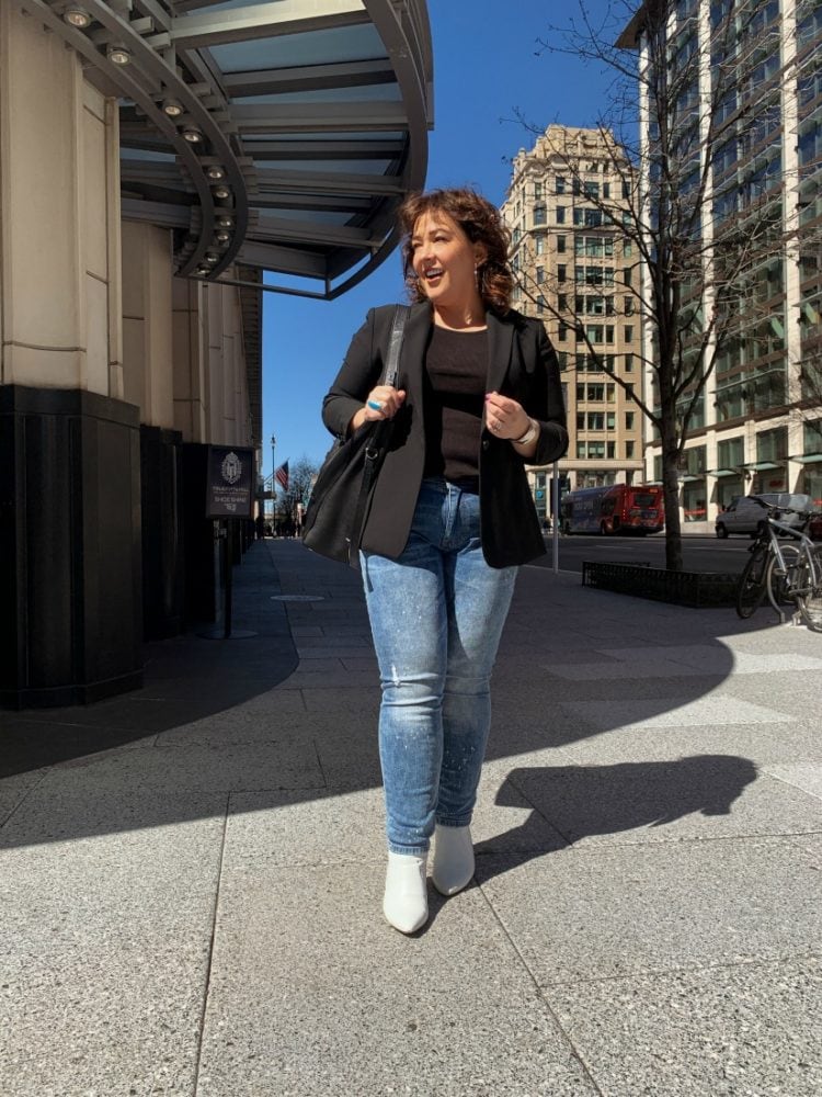 Black Ann Taylor Bi-Stretch one button blazer with Universal Standard Loire ribbed tank and Cabi Cinch Skinny jeans as seen on Wardrobe Oxygen