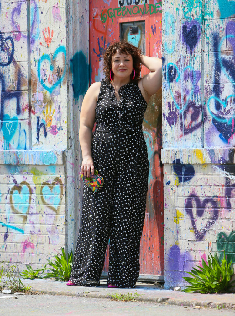 Black and white polka dot chiffon jumpsuit on Wardrobe Oxygen 