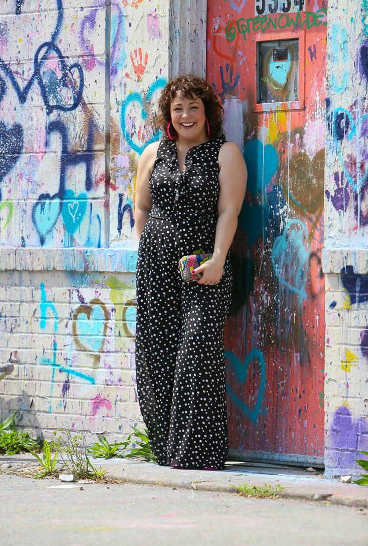 Black and white polka dot chiffon jumpsuit on Wardrobe Oxygen 