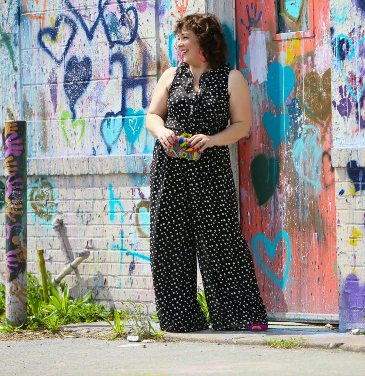 Black and white polka dot chiffon jumpsuit on Wardrobe Oxygen 