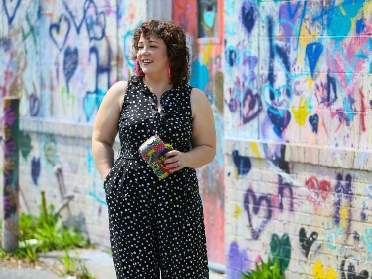 Black and white polka dot chiffon jumpsuit on Wardrobe Oxygen 