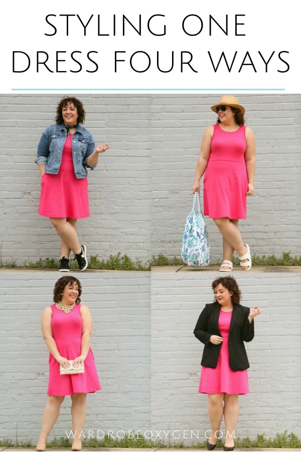 Collage of four images of a woman wearing a pink dress with the text above stating styling one dress four ways