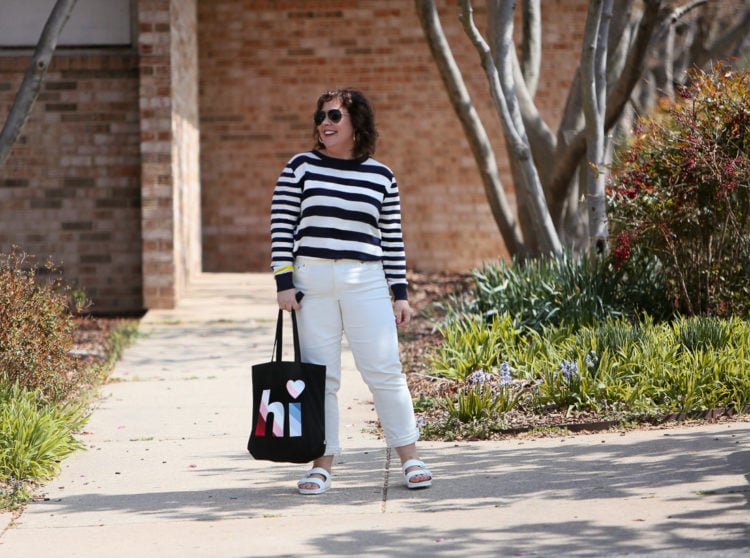 The Ev1 collection by Ellen DeGeneres striped sweater and white high waisted jeans as seen on Alison Gary of Wardrobe Oxygen