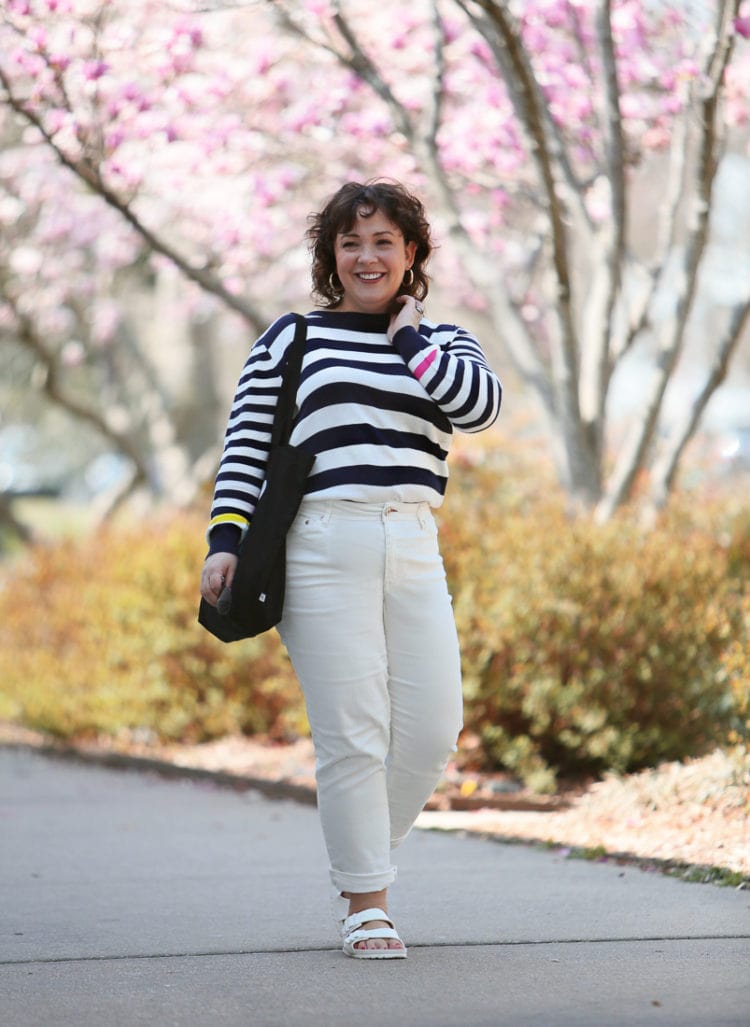 The Ev1 collection by Ellen DeGeneres striped sweater and white high waisted jeans as seen on Alison Gary of Wardrobe Oxygen