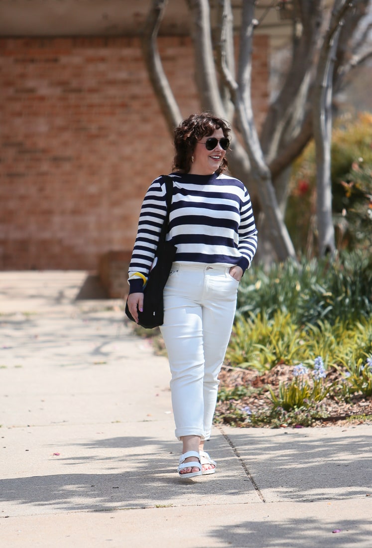 The Ev1 collection by Ellen DeGeneres striped sweater and white high waisted jeans as seen on Alison Gary of Wardrobe Oxygen