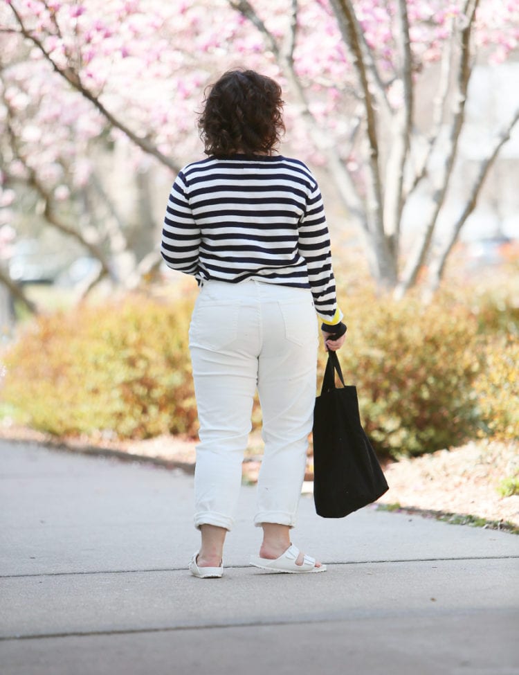 The Ev1 collection by Ellen DeGeneres striped sweater and white high waisted jeans as seen on Alison Gary of Wardrobe Oxygen