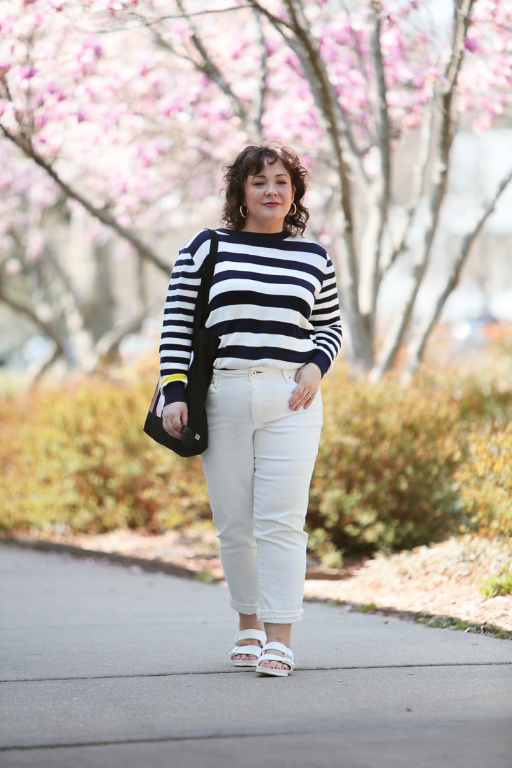 The Ev1 collection by Ellen DeGeneres striped sweater and white high waisted jeans as seen on Alison Gary of Wardrobe Oxygen