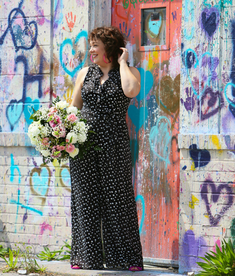 Black and white polka dot chiffon jumpsuit on Wardrobe Oxygen