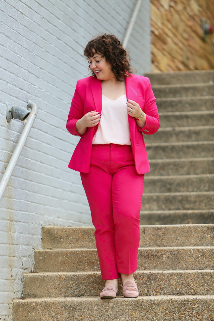 Hot pink pantsuit from Banana Republic with blush pink J. Crew camisole and blush suede loafers from Clarks