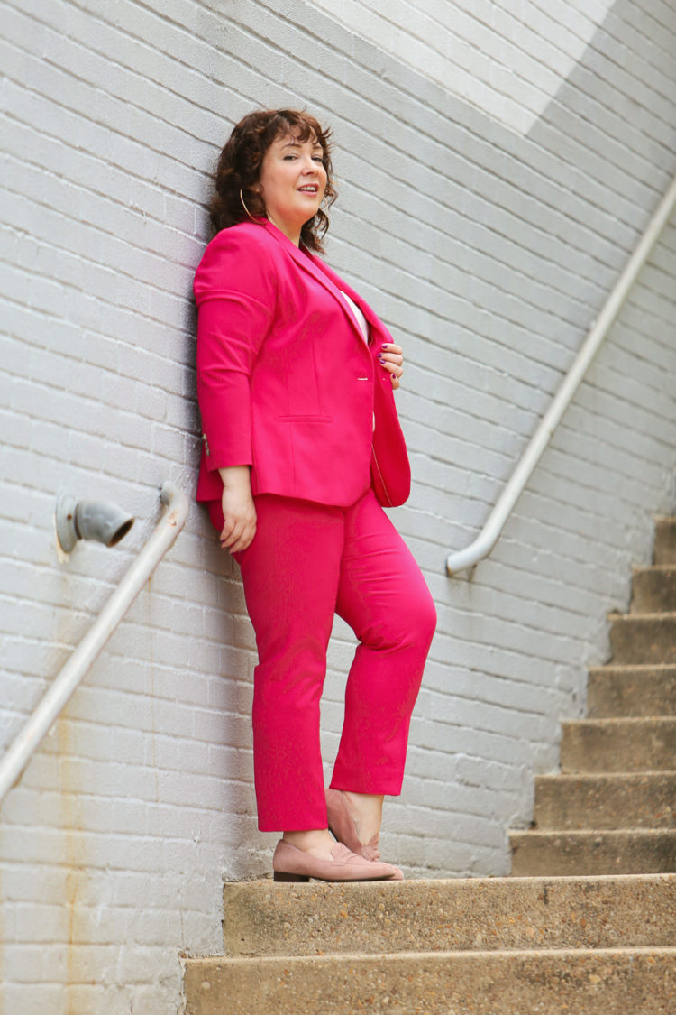Hot pink pantsuit from Banana Republic with blush pink J. Crew camisole and blush suede loafers from Clarks