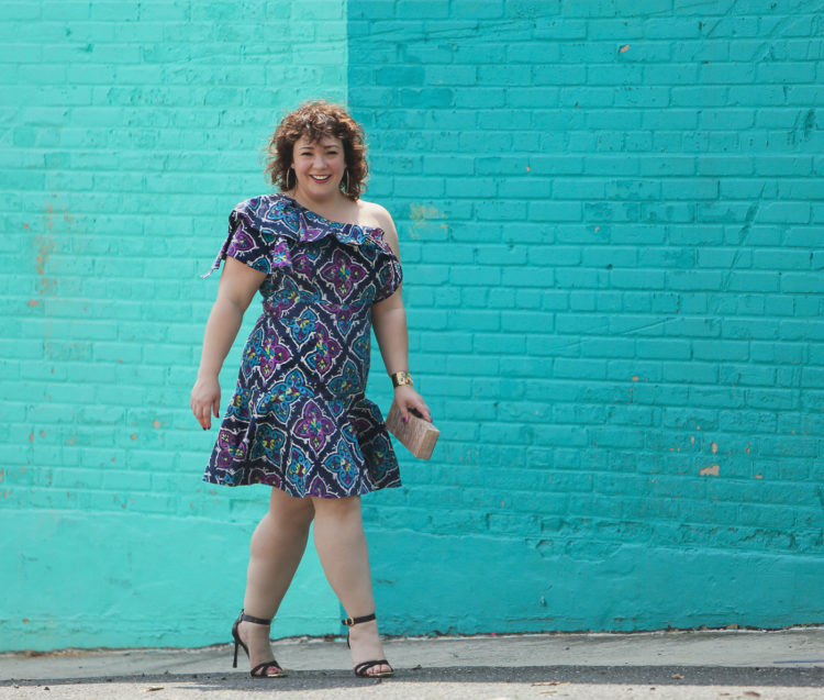 Blue printed cotton off the shoulder ruffled dress from Josie on Wardrobe Oxygen, over 40 fashion blogger