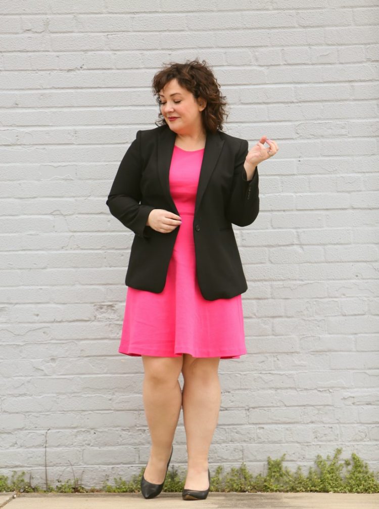 Styling one dress four ways featuring a pink knit fit and flare dress from Talbots with a black bi-stretch blazer from Ann Taylor for a work outfit