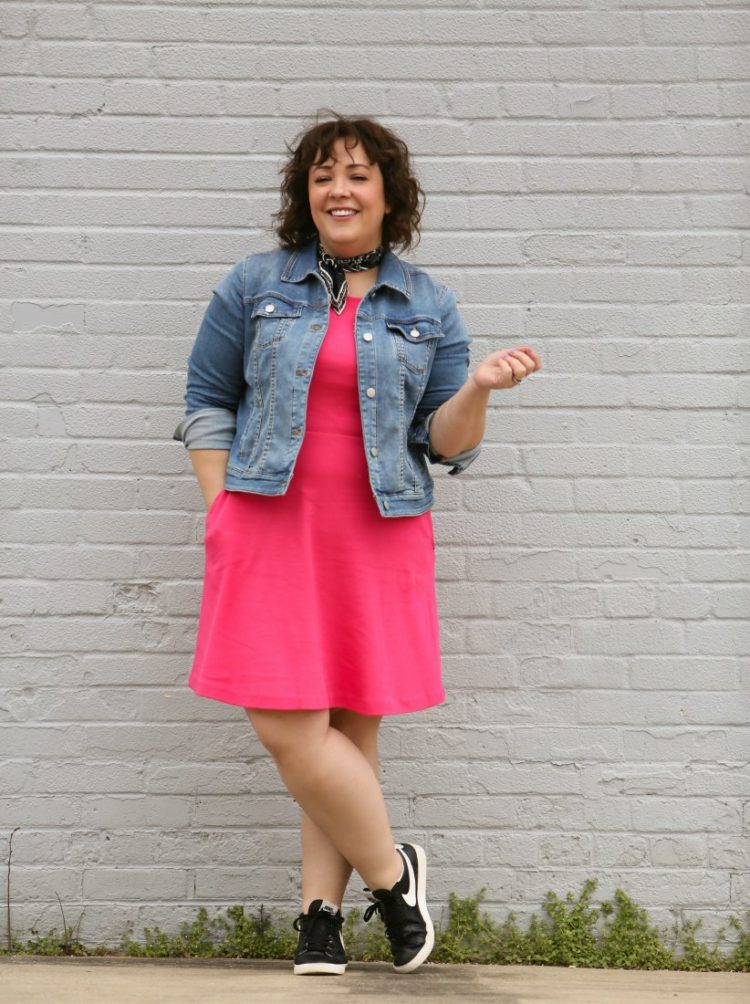 Styling one dress four ways featuring a pink knit fit and flare dress from Talbots with a Soma denim jacket and Nike Blazer low top sneakers in black