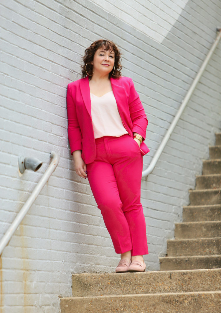 Hot pink pantsuit from Banana Republic with blush pink J. Crew camisole and blush suede loafers from Clarks