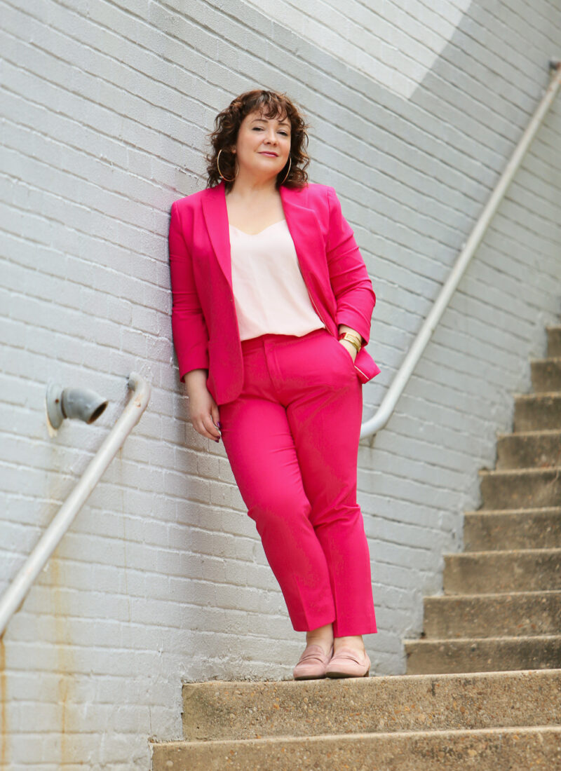 Hot pink pantsuit from Banana Republic with blush pink J. Crew camisole and blush suede loafers from Clarks
