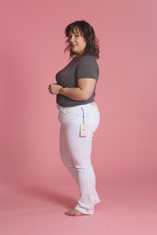 reviewing the NYDJ Marilyn jeans in white and how well they fit, opacity, and wearability
