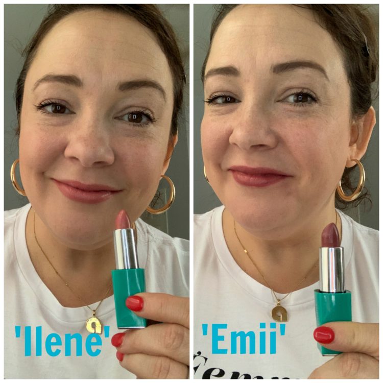 First image is Alison with Thrive Causemetics lipstick in Ilene which is a pale coral-pink shade. On the right is Alison wearing the lipstick in color Emii which is a plum mauve shade.