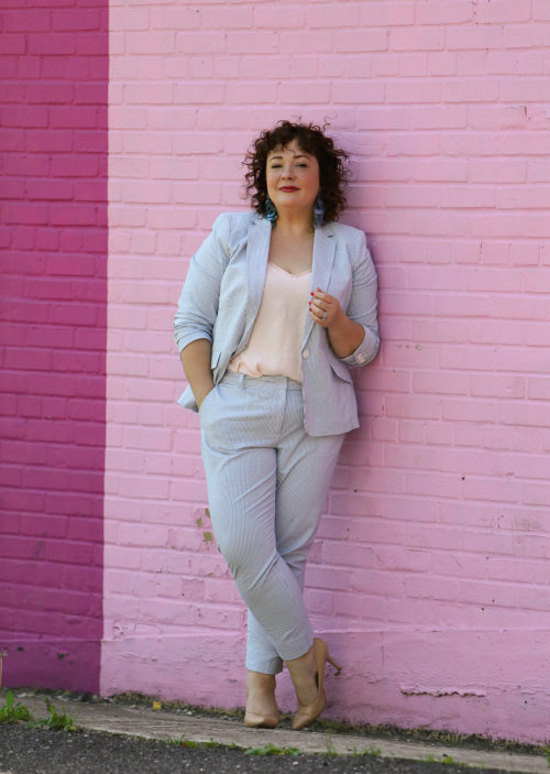 Women’s Seersucker Pantsuit with Blush Pink