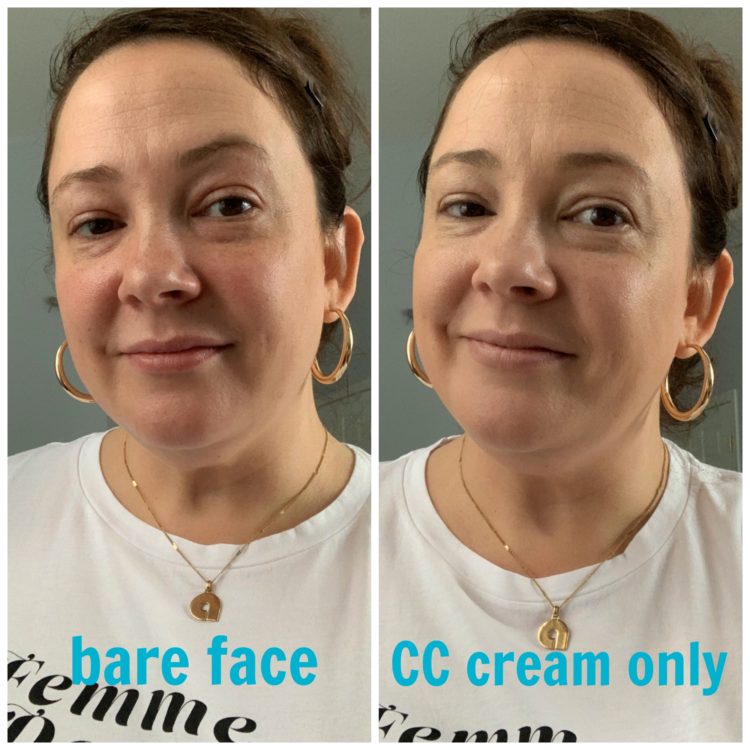 Image is of two photos. On the left is Alison Gary bare faced looking directly into the camera. Second photo is also of Alison but with Thrive Causemetics CC cream applied to her skin, no other makeup.