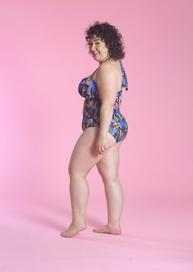 image of Wardrobe Oxygen wearing Santiago Floral Bandeau tummy control swimsuit from Figleaves