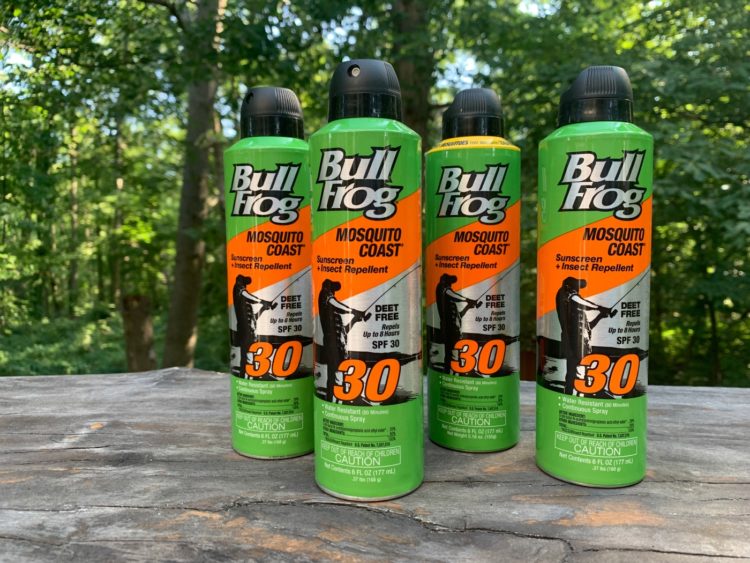image of multiple cans of bullfrog mosquito coast spf 30 sunscreen and bug repellant