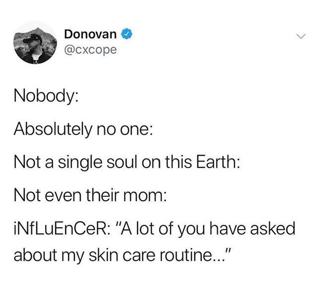 a screenshot of a Tweet that says nobody absolutely no one not a single soul on this Earth not even their mom; INFLUENCER :A lot of you have asked about my skin care routine..."